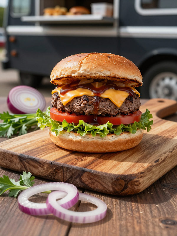 Burger mit Cheddar, Tomate und Salat auf einem Holzbrett