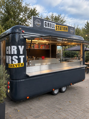 Grillstation im schwarzen Retro-Anhänger