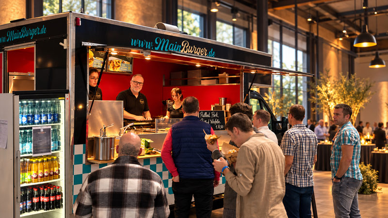 Grillstation von Mainburger: Das Team gibt frisch zubereitete Burger an wartende Gäste aus