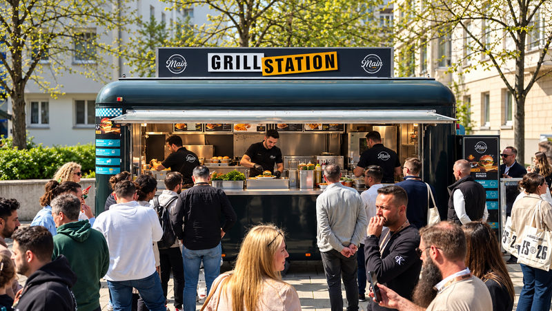 Indoor-Foodtruck von Mainburger mit Gästen an der Ausgabe