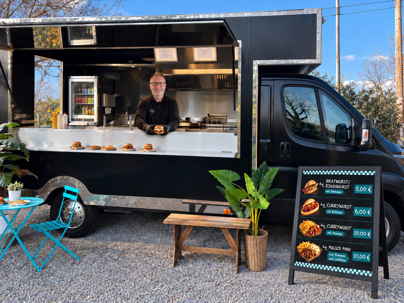 Schwarzer Mainburger Foodtruck mit Verkäufer an der Ausgabe
